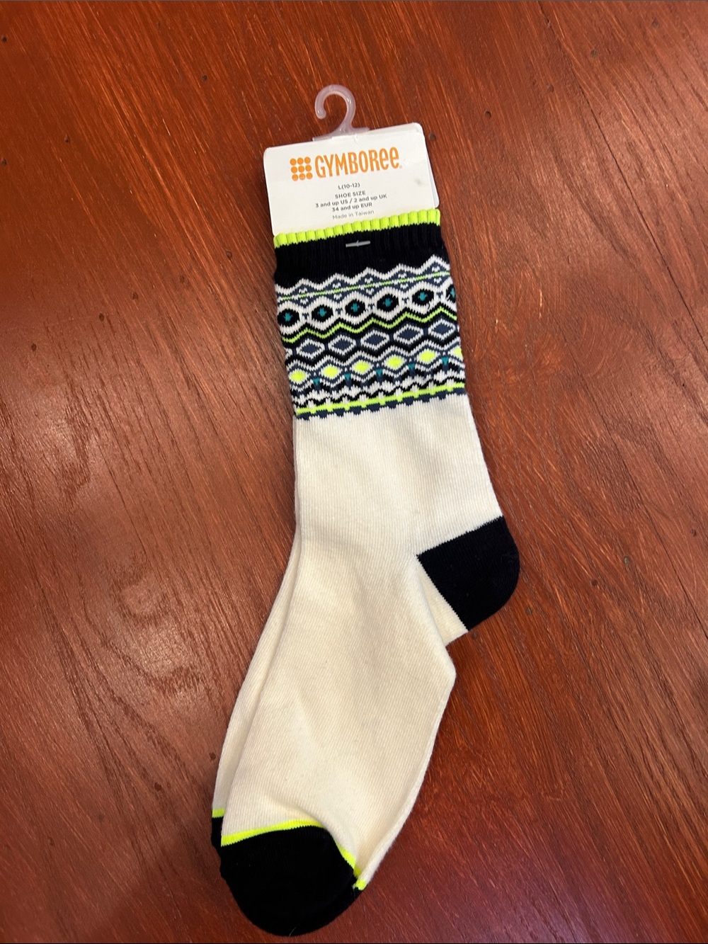 Gymboree White Crew Socks with Black and Neon Yellow Accent